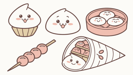 Cute Asian food illustration set. Kawaii dim sum, steamed buns, mochi skewer, and sushi hand roll. Happy cartoon characters.
