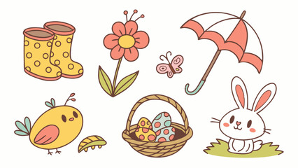 Fototapeta premium Cute cartoon spring and Easter elements set with bunny, eggs, rain boots, umbrella, flower, bird, butterfly.