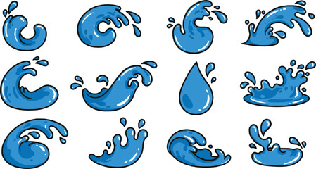Fototapeta premium Blue water drops set with splash and wave design elements, perfect for nature and ocean illustrations