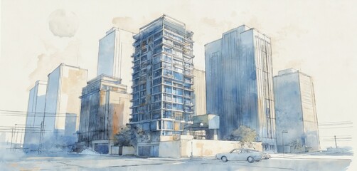 Urban architecture sketch modern high-rise buildings, conceptual draft for city development project. Blue watercolor tones, linework define towers, commercial property, residential complexes,