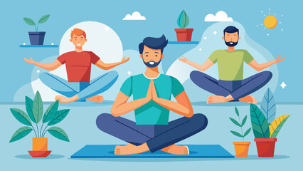 Three men meditating peacefully in a serene outdoor setting