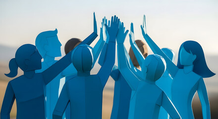 Silhouetted figures in blue celebrate with a high-five gesture, teamwork.