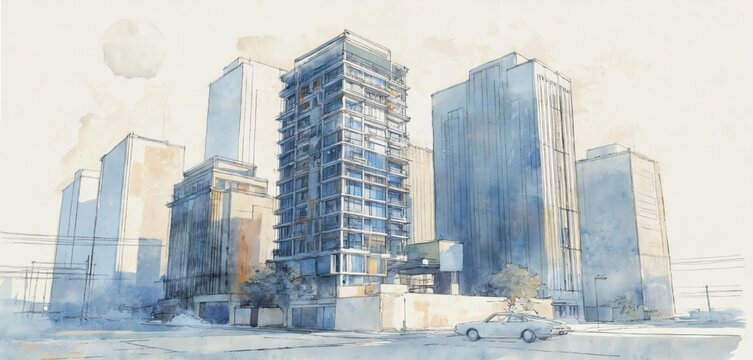 Urban architecture sketch modern high-rise buildings, conceptual draft for city development project. Blue watercolor tones, linework define towers, commercial property, residential complexes,