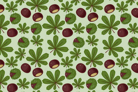 Seamless chestnut and buckeye leaf pattern with green background &ndash; swatch available in swatches panel