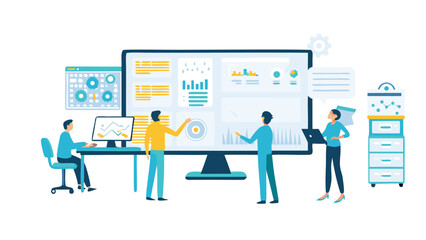 Team collaboration analyzing data on large screen with charts and graphs in modern office space