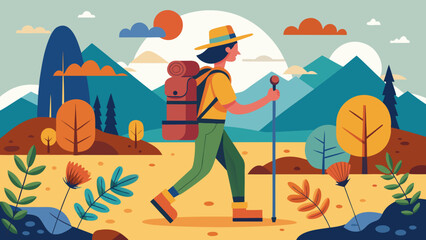 Hiker with backpack and trekking pole on a mountain trail