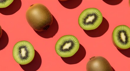 Fototapeta premium Vibrant kiwi fruit halves and whole fruits arranged on a bright coral background with shadows