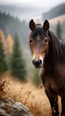 Obraz premium Majestic horse standing amidst golden grass and evergreen trees in a tranquil mountain landscape during autumn