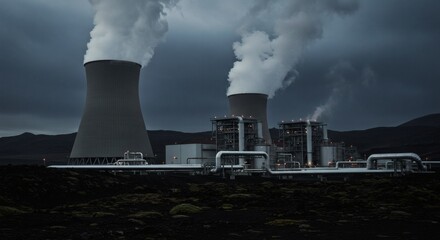 Industrial Powerhouse A  generating Station With Towering Cooling Towers, Powering the World.