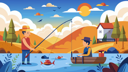 Naklejka premium Two people fishing in a scenic landscape with a house and mountains