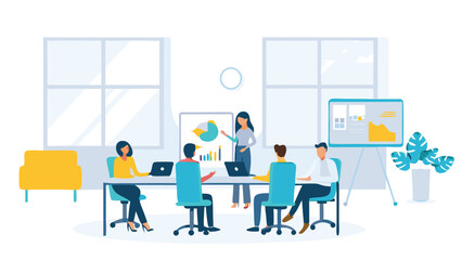 Business meeting with presentation of data charts and graphs in a bright office environment setting depicted