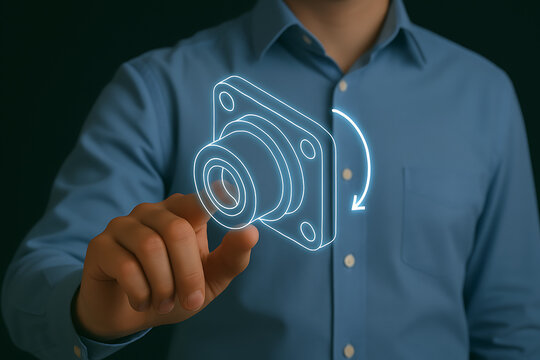 Person interacts with a virtual mechanical part through touch in a futuristic tech interface concept.