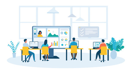 Obraz premium People at desks in an office with a large screen showing charts and video conference call displayed on it