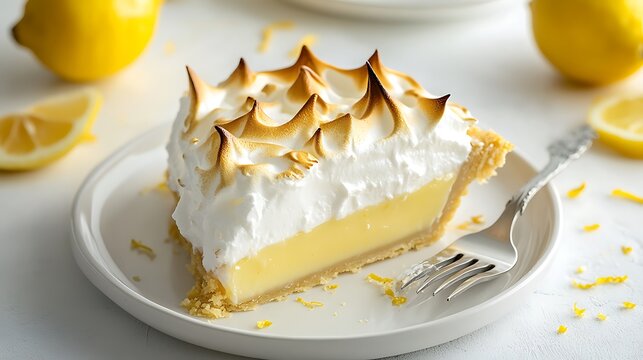 Slice of Lemon Meringue Pie with Golden Meringue Peaks