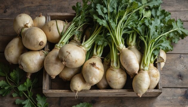 Fresh rutabagas with vibrant green tops displayed in rustic wooden crate on textured wood table. Organic, wholesome root vegetables raw ingredients, perfect for culinary use, cooking, healthy eating.