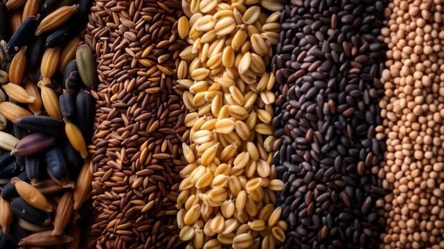 A variety of seeds and grains neatly arranged in rows. Suitable for articles about healthy eating and agriculture.
