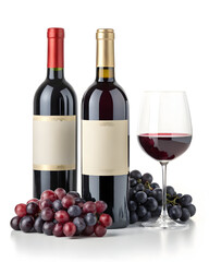red wine bottles and glass with grapes