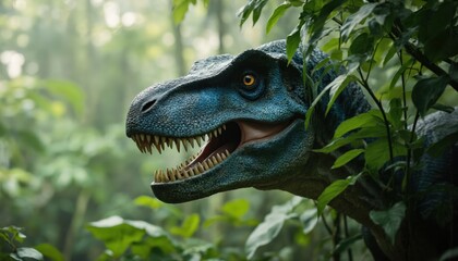 Fearsome blue velociraptor predator with sharp teeth emerges from green jungle foliage. Ancient creature, dangerous dinosaur, displays glowing eyes, textured scales, evoking prehistoric Jurrasic era.