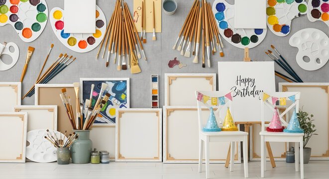 Art Studio with Canvases, Palettes, and Birthday Decorations in Bright Creative Space - Powered by Adobe