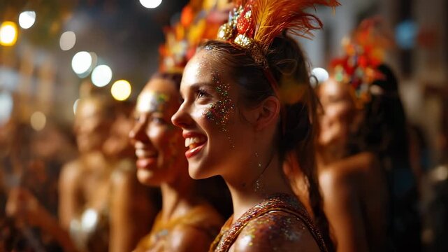 Young woman dancer smiles during festival celebration surrounded by crowd. Joy on faces, confetti falls. Parade atmosphere with music, happiness, party lights. Festival brings energy to every dancer.