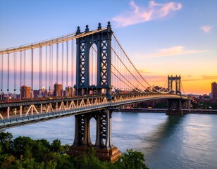 Iconic manhattan bridge and skyline at sunset over east river new york city