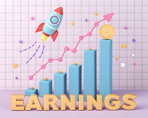 Earnings growth rocket bar graph 3D illustration