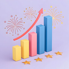 Celebratory pastel bar graph fireworks 3D illustration