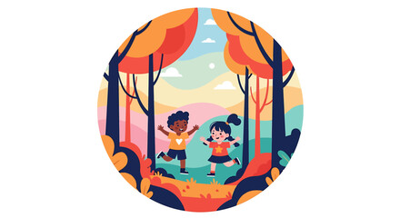 Vector illustration of children playing happily in a park. Includes trees, grass, and playground equipment. Suitable for education, childcare, outdoor activities, and family themes.