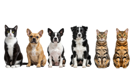 A diverse group of healthy, well-groomed domestic animals including cats (shorthair, tabby, Bengal) and dogs (French Bulldog, Border Collie), neatly lined up, looking at camera with alert expressions