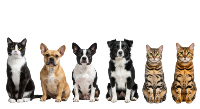 A diverse group of healthy, well-groomed domestic animals including cats (shorthair, tabby, Bengal) and dogs (French Bulldog, Border Collie), neatly lined up, looking at camera with alert expressions