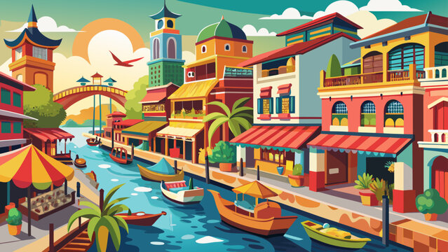 Malacca, Malaysia &ndash; Historical churches and river canals meet Chinese shophouses and street markets in this multicultural gem, ideal for colorful vector layers.