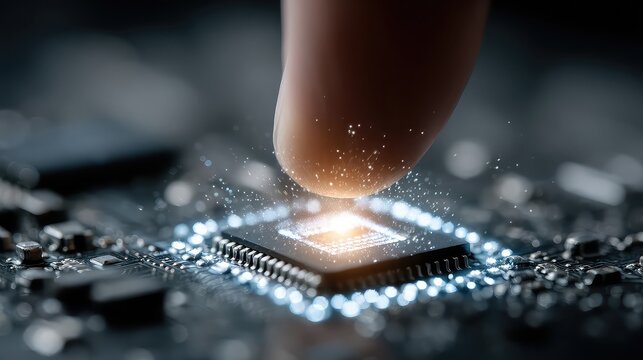 Hand activates glowing AI chip, symbolizing machine learning, data intelligence, and smart automation in the future of business, innovation, and computational power.
