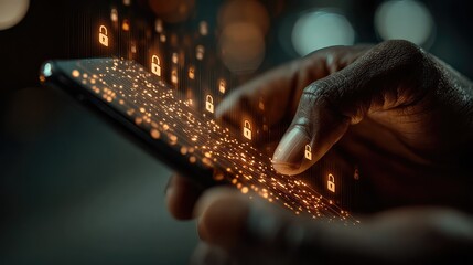 hand holds a phone as lock icons and secure payment markers animate on-screen, highlighting user data protection in fintech.