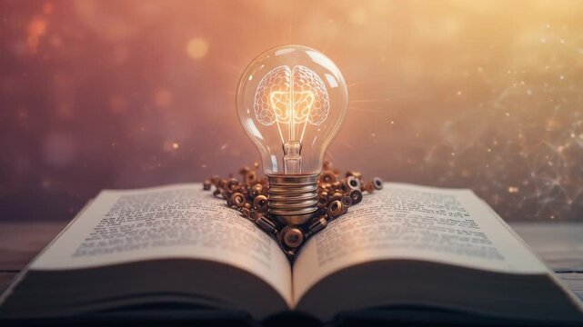 An open book with a light bulb in the shape of a brain and gears symbolizes improving memory and knowledge. 4k videos