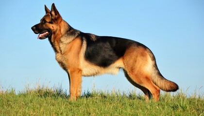 Majestic German Shepherd stands alert in grassy field. Purebred dog exhibits strong build, tan, black fur, intelligent expression under clear blue sky. Loyal companion ready for outdoor activity.