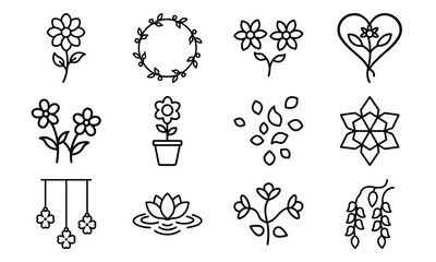 Decorative Flower And Floral Element Icon Set Featuring Wreaths, Potted Flowers, Hanging Blooms, Petals, And Stylized Lotus Desi (18)
