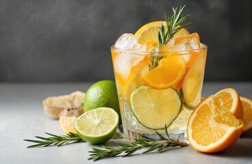 Fototapeta premium Refreshing citrus gin, tonic cocktail with orange, lemon, lime slices, rosemary sprigs. Ice cubes, bubbles add texture. Vibrant colors on neutral background evoke summer refreshment, elegant party