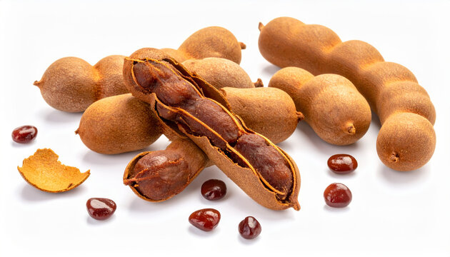 Tamarind Pods and Seeds Displayed on a White Background, One Pod is Split Open
