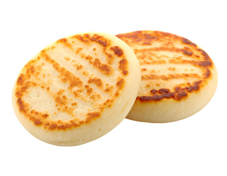 Golden Arepas: Two perfectly grilled golden arepas with appetizing texture