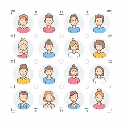 Fototapeta premium A collection of sixteen diverse illustrated avatars in a flat design style, each with a unique hairstyle and clothing color, presented in a grid formation.