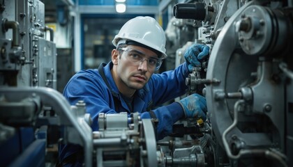 Engineer wearing hard hat, safety glasses performs maintenance on industrial machinery in factory setting. Technician works with complex equipment, focusing on precise repair tasks. Blue collar