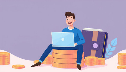 Happy man working on laptop with coins and wallet illustration for financial success concept