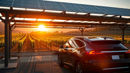 Car charging at a vineyard. An electric vehicle parked under a solar carport with a scenic view of a vast vineyard during a golden sunset.