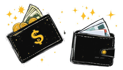 Black Wallet with Cash and Cards, Featuring Dollar Sign and Sparkling Elements for Financial Themes and Illustrations