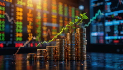 Growth of Financial Investment Represented by Coins and Plant on Stock Market Background with Charts and Numbers