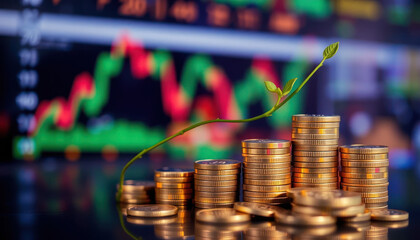 Growth of investment represented by coins and a plant sprout on a background of financial charts and graphs in a technology setting