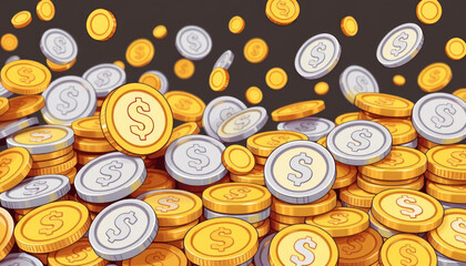 Illustration of a vibrant heap of gold and silver coins with dollar signs, representing wealth and financial abundance in a playful style