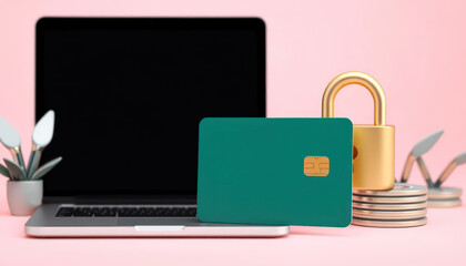 Technology Concept with Laptop, Credit Card, Padlock, and Decorative Plants on Pink Background for Financial Security Themes