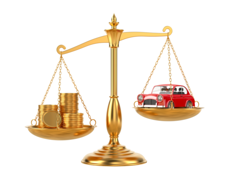 Car and money on scale on white background. Isolated 3D illustration