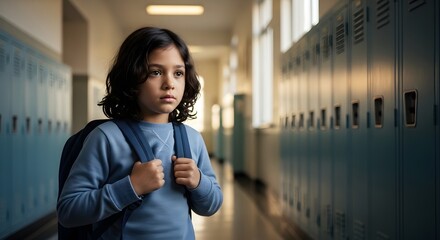 Sad Boy standing in school hallway with backpack